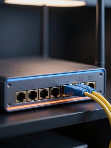 Close-up of a modern fiber ONU router on a dark shelf, soft blue and orange accent glow emanating from the device ports, fiber cable entering from the right edge, directional light from above, dark background with subtle bokeh