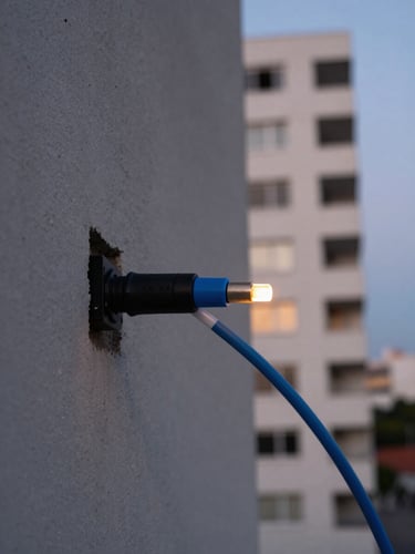 Close-up of fiber optic cable entering a concrete wall of a Fortaleza residential building at dusk, soft blue and orange accent glow on the cable termination, shallow depth of field, architectural detail visible in background