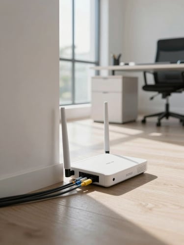 Wide angled shot inside a modern Fortaleza home office, fiber optic cable running along the baseboard toward a sleek white ONU router, soft natural light from a north-facing window, no faces visible, clean desk in background