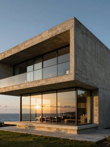 Dramatic low-key architectural shot of a brutalist luxury concrete villa in Joá, golden hour light reflecting off a glass facade, ocean view