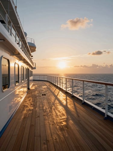 A high-end cruise ship deck at sunset, warm golden light reflecting off a clean wooden deck, open ocean in the background, cinematic composition