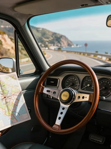 A dashboard of a vintage car parked overlooking a scenic coastal highway, a physical map open on the wheel, warm daylight, cinematic framing