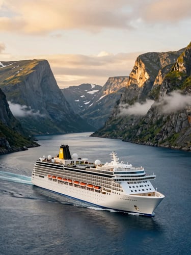 Cinematic wide-angle shot of a cruise ship sailing into a golden hour fjord in Norway, deep blue water, towering green cliffs, soft mist.
