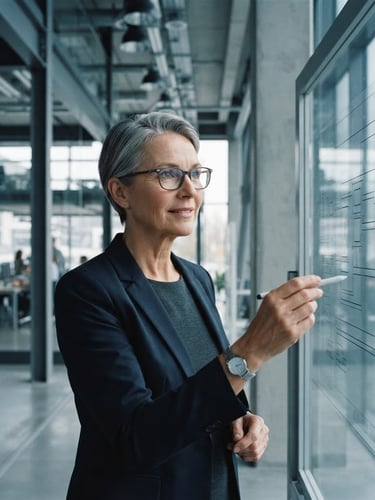 Close-up of a senior technical advisor in deep focus, cool natural daylight, desaturated blue and slate tones, architectural framing, 35mm lens