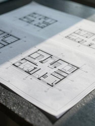 Close-up of architectural blueprints and technical documents laid out on a dark slate table, soft natural daylight casting long shadows, professional and serious atmosphere