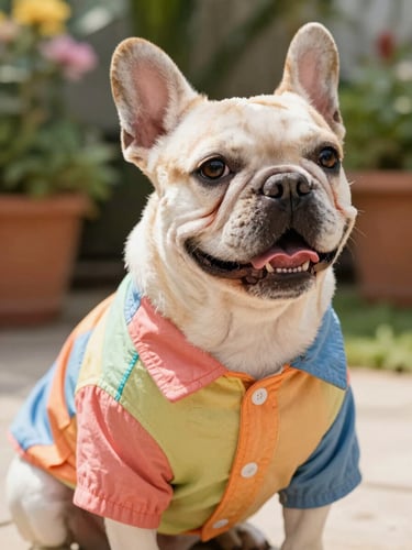 Bright eye-level portrait of a happy French bulldog wearing a custom-tailored colorful cotton shirt, warm natural sunlight, soft-focus garden background highlighting fabric texture