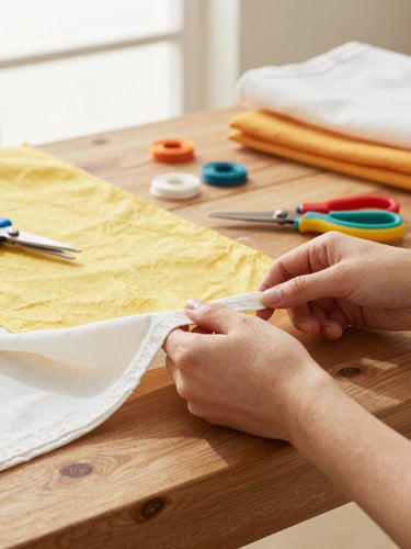 Manos artesanas cortando tela de algodón suave sobre una mesa de madera rústica, hilos de colores y tijeras de costura al fondo, luz de ventana.