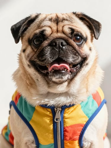 Close-up of a happy pug with a wide chest wearing a custom-fit colorful vest, bright natural daylight, looking directly at camera