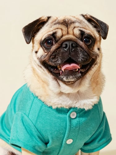 Bright studio photography of a happy pug wearing a perfectly fitted custom teal shirt, warm natural daylight, sharp detail on fabric textures, eye-level close-up