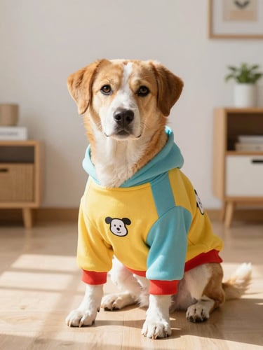 Un perro feliz vistiendo una sudadera colorida de Patitas Coquetas, sentado en un estudio iluminado con luz natural cálida, enfoque suave al fondo.