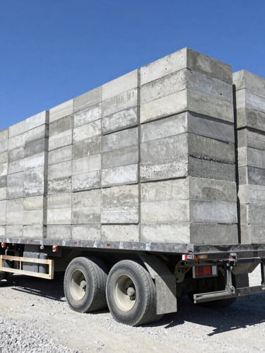 Low-angle heroic shot of a heavy flatbed delivery truck loaded with perfectly stacked grey concrete solid blocks, parked in a bright gravel yard under harsh midday sun, high-contrast concrete textures.