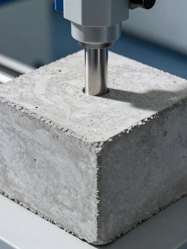 Macro shot of a concrete block undergoing hydraulic compressive strength testing in a laboratory, structural testing machine, high-contrast concrete texture, cool grey tones, 50mm lens.