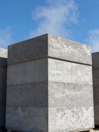Low-angle architectural shot of concrete solid blocks stacked in the curing yard, steam rising from curing chambers, high-contrast textures under bright midday sun.