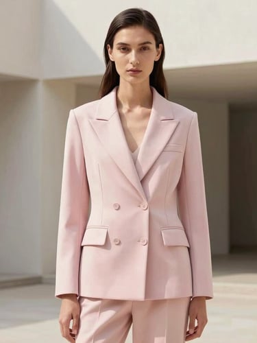 Full-length editorial shot of a model wearing a structured ZEYNA jacket in an architectural urban setting, soft natural daylight, baby pink tones, 35mm lens