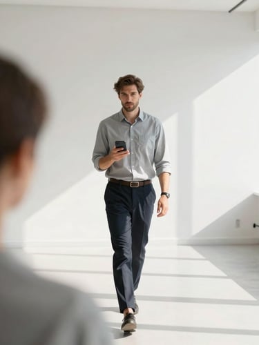 Minimalist over-the-shoulder shot of a founder walking through a bright, sunlit modern office, holding a phone up to record a voice memo, clean daylight shadows, high-key lighting