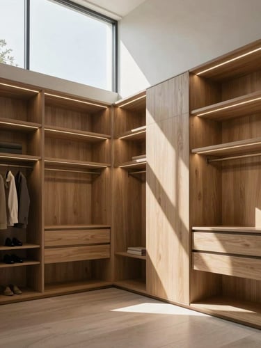 Wide architectural photograph of a bespoke walk-in closet in a modern Riyadh villa. Natural morning light streams through a high window, casting soft shadows on warm natural oak panels and integrated LED strip lighting. Flawless joints, minimalist luxury.