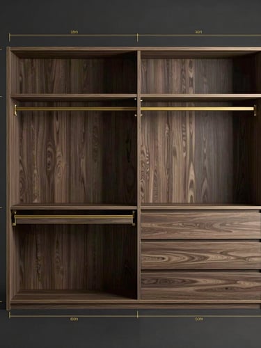 Architectural elevation drawing of a bespoke walk-in closet, gold hairline lines on a dark charcoal background, precise millimeter measurements, natural side lighting highlighting material textures, clean minimalist lines