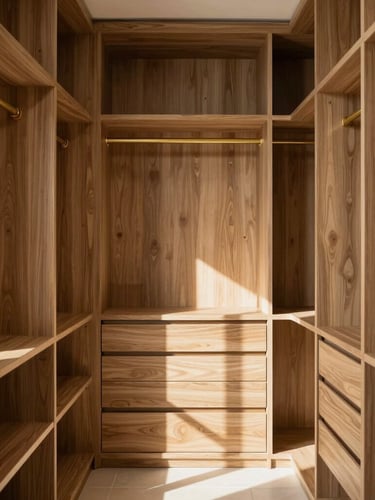 A clean architectural portrait of a walk-in luxury closet in a Riyadh villa, morning natural light casting soft shadows, natural oak wood panels, gold hairline metal accents, meticulously organized.
