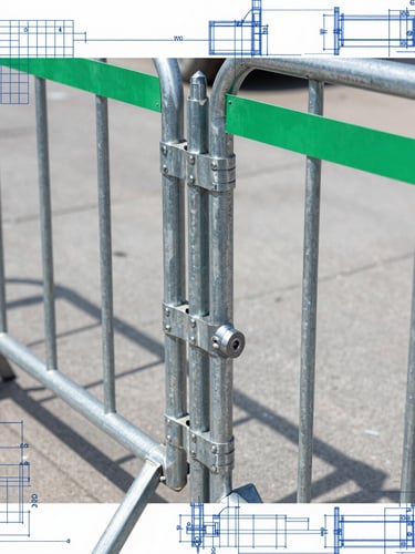 Technical blueprint overlaying a close-up of a robust welded joint on a galvanized steel barricade, clean engineering diagram style, professional lighting.