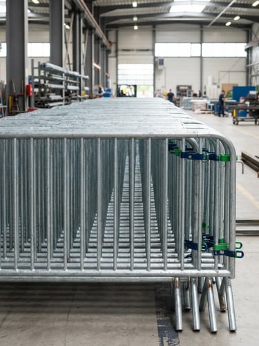 Industrial commercial photography, side view of clean galvanized steel crowd control barricades stacked neatly in a bright factory warehouse, metallic textures, sharp focus.