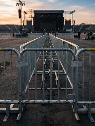 Industrial setup of heavy-duty galvanized steel barricades neatly lined up at a massive open-air concert venue during sunset, sharp focus on metallic welding, professional logistics