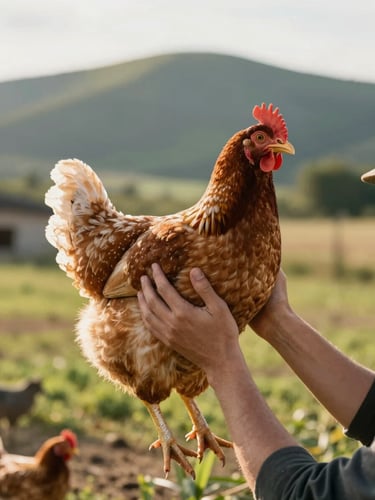 Hands carefully lifting a calm Brahma hen in a sunlit outdoor run, the Deister ridge visible as a soft green silhouette in the background, warm late-afternoon light