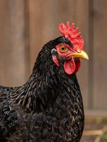 Close-up of a Maran hen's face and upper chest in a coop, dark barred feathers in sharp focus, golden natural sidelight catching the eye and comb, blurred timber wall behind