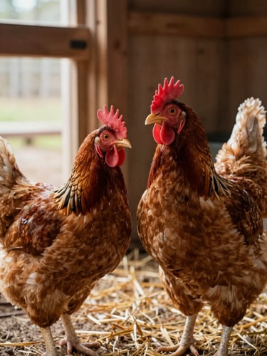 Close-up of two large Brahma hens standing in a well-kept wooden coop, natural daylight streaming through an open door, straw bedding visible, calm and unhurried atmosphere