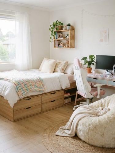 Bright teen bedroom with a light wood storage bed, pastel gaming desk, and faux fur lounger, soft natural window light, clean Scandinavian aesthetic, 35mm