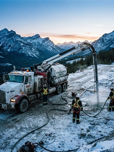 Wide shot of a high-capacity hydro-excavation truck with its boom extended, working on a frozen mountain job site at dawn, crew in safety gear, crisp mountain daylight, high-contrast cool tones.