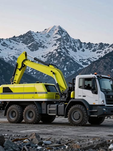 Wide shot of a large, modern hydro-excavation truck with safety yellow accents, parked on a rugged mountain job site at dawn, with snow-capped peaks in the background, crisp high-contrast light, 35mm lens.