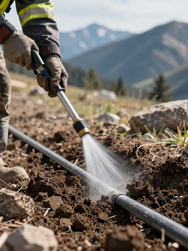 Close-up of a high-pressure water wand precisely cutting through soil to expose a clean, intact utility line, rugged Rocky Mountain job site, crisp mountain daylight, high-contrast cool tones, sharp details.