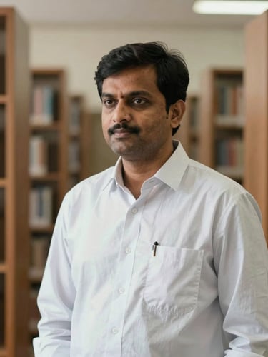 A crisp, natural-light environmental portrait of Dr. Akhil Kumar Singh in an academic library setting, soft diffused daylight, thoughtful expression.