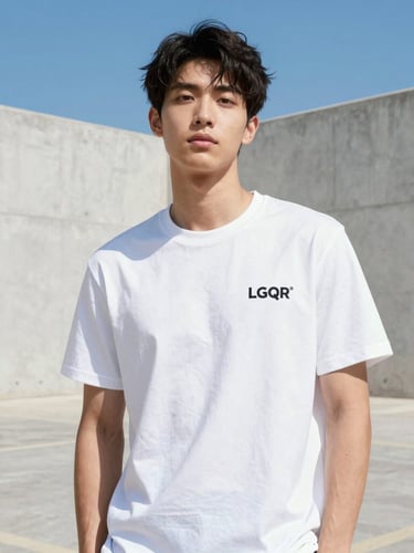 An artist performing in a sun-drenched concrete courtyard, wearing a clean white LGQR branded t-shirt, bright high-key editorial photography, vibrant clean tones, 35mm lens