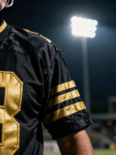 Low-angle dynamic shot of a football supporter wearing a vintage black and gold jersey, moody stadium floodlight shadows, urban background, 35mm