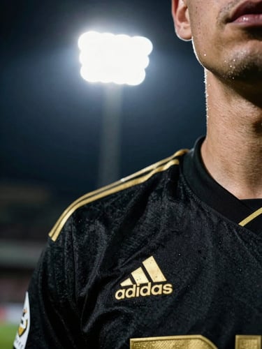 A close-up of a football supporter wearing a black jersey with gold details, dramatic high-contrast stadium floodlight illumination, deep shadows, 35mm