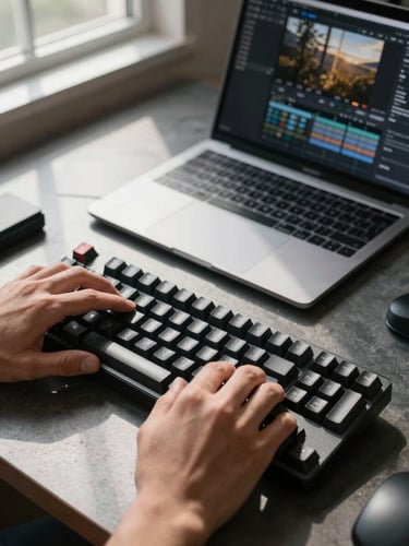 Close-up overhead shot of developer hands on a mechanical keyboard, a CMS dashboard open on a laptop screen mid-edit, natural window light from the left casting clean shadows across the desk surface