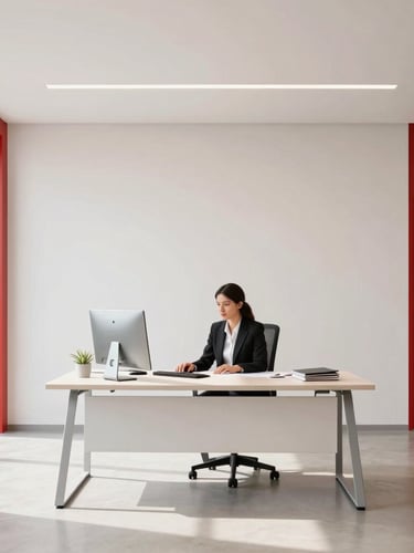 Bright modern office space in Central America with a professional working at a clean desk under soft natural daylight, minimalist architecture