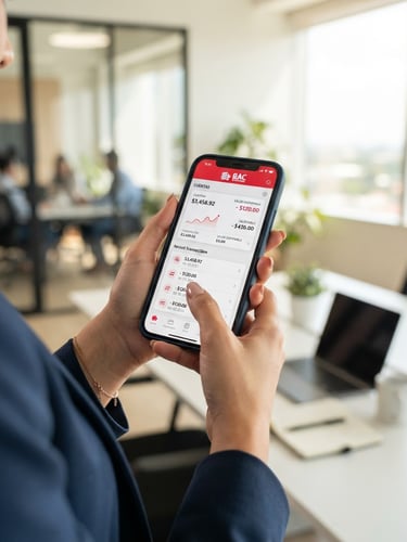 Close-up of a secure mobile device showing the official BAC Credomatic banking interface, held by a professional in a bright modern workspace, soft red tones, natural daylight.