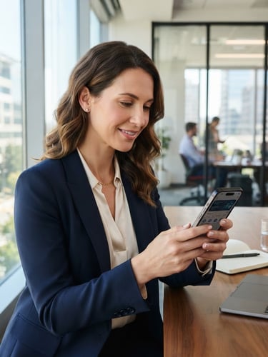 Medium close-up of a professional woman in a bright, modern San José office, looking at a secure corporate banking application on her smartphone, soft natural daylight, professional editorial style.