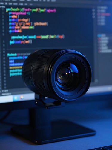 Macro shot of a clean code editor on a monitor, cool blue studio lighting, deep shadows, sharp focus, 35mm lens