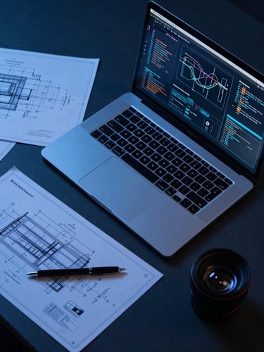 Overhead desk layout of a developer workspace with technical blueprints and a modern laptop showing system diagrams, cool blue studio lighting, sharp focus