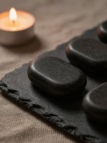 Close-up macro shot of warm, smooth dark basalt massage stones resting on textured natural linen, low-key moody candlelight, deep soft shadows, 35mm lens