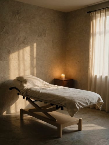 Moody editorial photography of a wide, empty, peaceful treatment room with natural slate walls, soft linen drapes, indirect low-key golden-hour light casting long soft shadows, 35mm lens