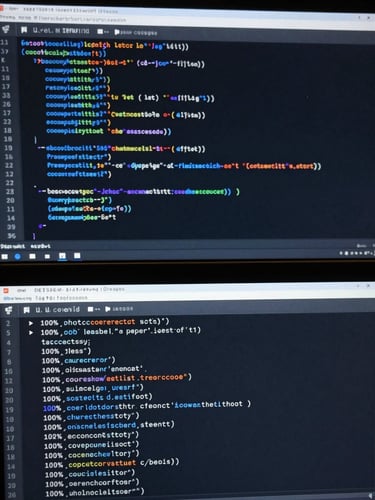 High-fidelity IDE screenshot showing clean TypeScript code, a terminal window below displaying successful Jest test suite runs and 100 percent coverage logs, cool blue and dark gray color palette.