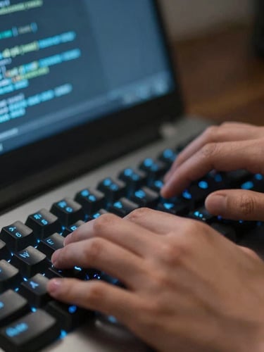 Macro close-up of hands typing on a mechanical keyboard, illuminated by the cool blue light of terminal code on a screen, shallow depth of field