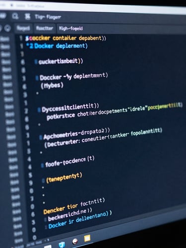 High-fidelity IDE screenshot showing clean Python code with active terminal logs displaying successful Docker container deployment, cool-toned ambient blue lighting, macro depth of field.
