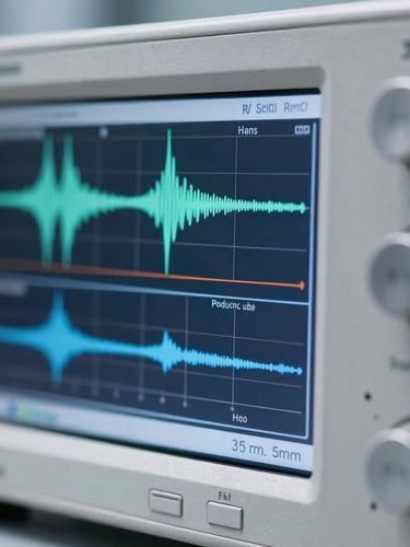 Extreme close-up of a high-precision RF spectrum analyzer screen displaying complex wave signals, cool laboratory lighting, deep slate and metallic silver tones, sharp macro focus, 35mm