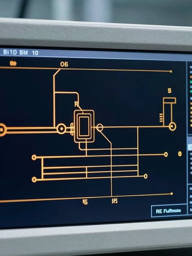 High-precision PCB schematic on a spectrum analyzer display inside a dark RF testing laboratory, glowing amber lines, technical interface, cool clinical lighting