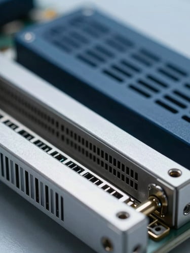 Extreme close-up of a ruggedized VME chassis, cool clinical lighting, metallic silver and deep slate tones, sharp macro focus, 35mm